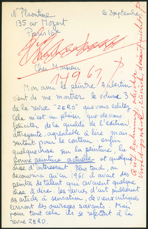 Otto Piene (Empfänger*in), Korrespondenz von Nicolas Plaoutine an [Otto Piene], 03.09.[1961]