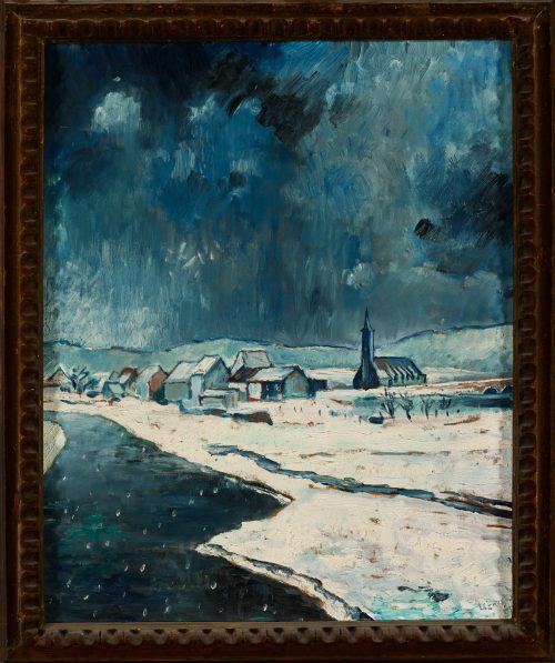 Adolf Uzarski (Künstler*in), Winterlandschaft / Verschneites Dorf am Fluss, 1955