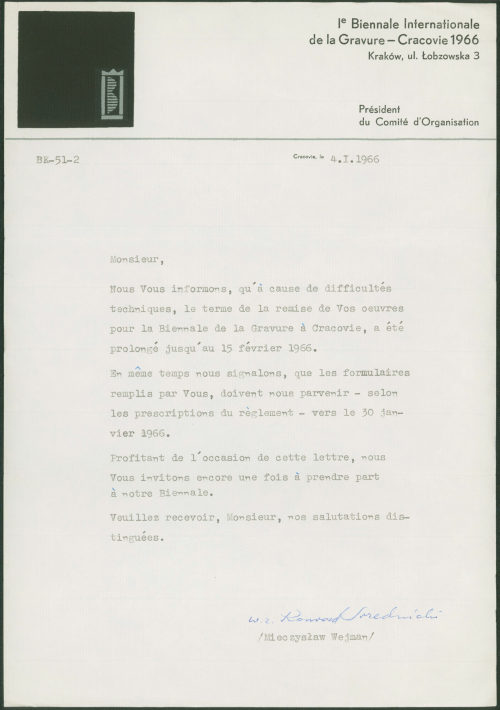 Otto Piene (Empfänger*in), Korrespondenz von I. Biennale Internationale de la Gravure Krakow an [Otto Piene], 04.01.1966