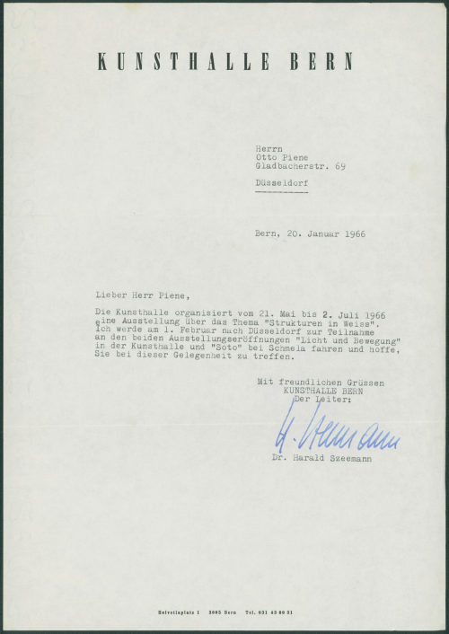 Kunsthalle Bern (Absender*in), Korrespondenz von Kunsthalle Bern/Harald Szeemann an Otto Piene, 20.01.1966