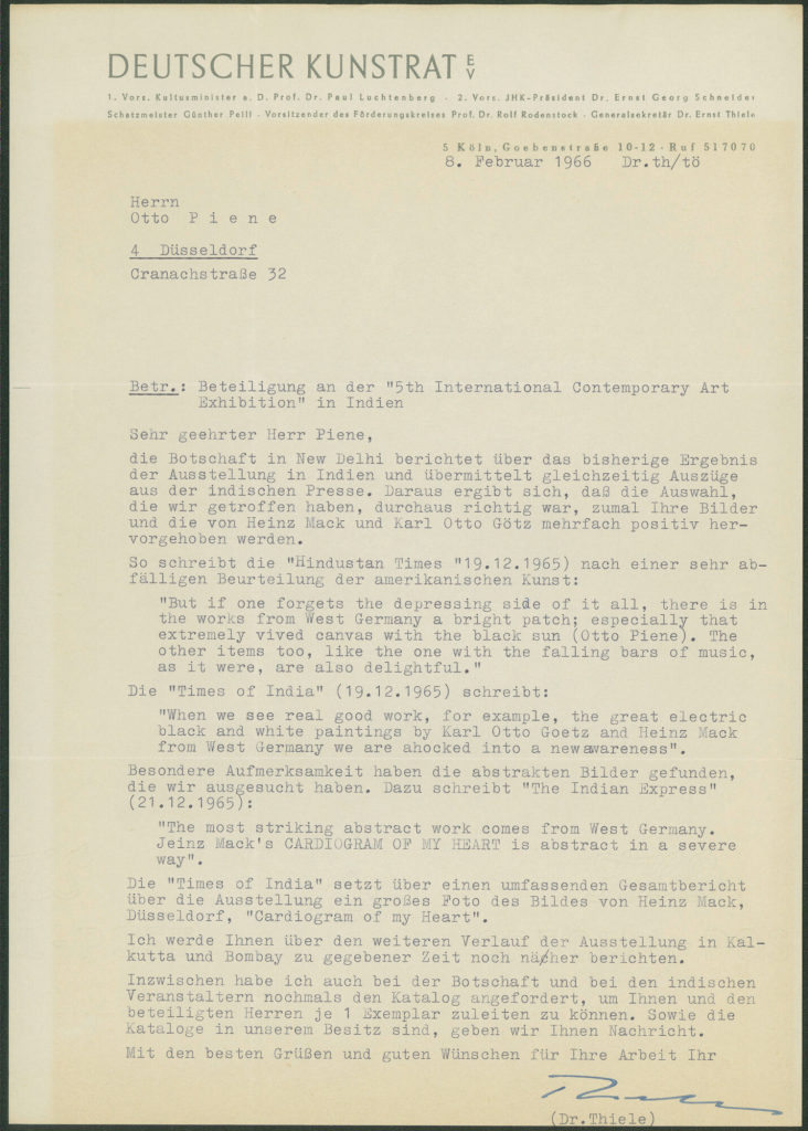 Korrespondenz von Deutscher Kunstrat e.V. an Otto Piene