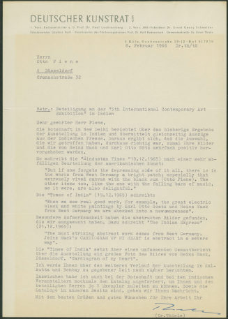Korrespondenz von Deutscher Kunstrat e.V. an Otto Piene