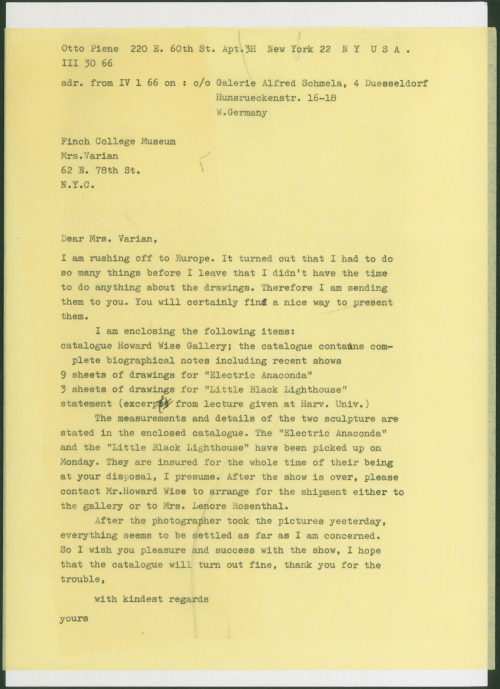 Otto Piene (Absender*in), Korrespondenz von Otto Piene an Finch College Museum/[?] Varian, 30.03.1966