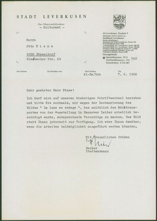Stadt Leverkusen / Kulturamt (Absender*in), Korrespondenz von Stadt Leverkusen, Kulturamt an Otto Piene, 07.06.1966