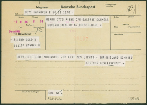 Wieland Schmied (Absender*in), Korrespondenz von Wieland Schmied, Kestner-Gesellschaft Hannover, an Otto Piene und von Otto Piene an  Wieland Schmied, 11.11.1966