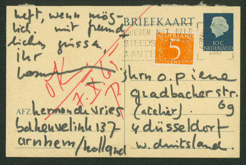 Herman de Vries (Absender*in), Korrespondenz von Herman de Vries an Otto Piene, 19.08.1965