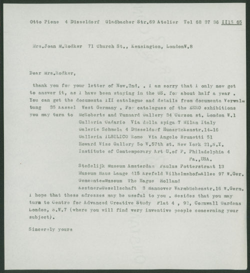 Otto Piene (Absender*in), Korrespondenz von Otto Piene an Joan M. Rodker, 15.02.1965