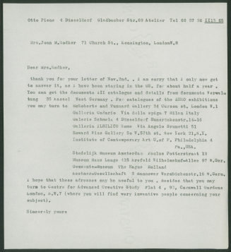 Korrespondenz von Otto Piene an Joan M. Rodker