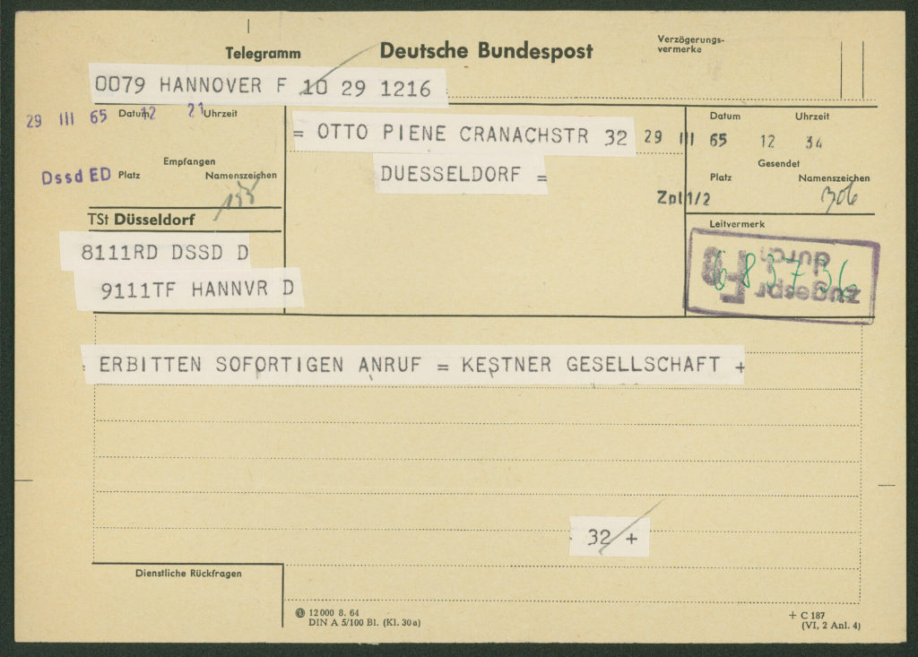 Korrespondenz von der Kestner-Gesellschaft an Otto Piene