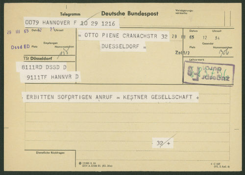 Kestner-Gesellschaft e.V. (Absender*in), Korrespondenz von der Kestner-Gesellschaft an Otto Piene, 29.03.1965