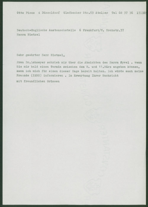 Otto Piene (Absender*in), Korrespondenz von Otto Piene an [?] Nietzel, Deutsch-Englische Austauschstelle, Frankfurt am Main, 17.02.1965