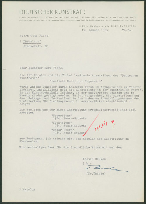 Deutscher Kunstrat e.V. (Absender*in), Korrespondenz vom Deutschen Kunstrat e.V. an Otto Piene, 15.01.1965