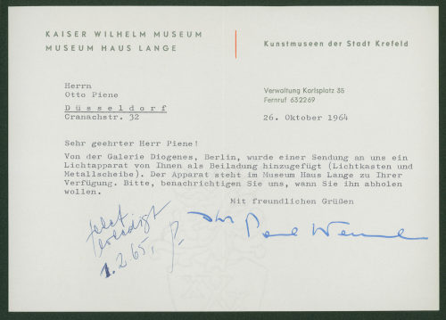 Kunstmuseen Krefeld (Absender*in), Korrespondenz von Paul Wember, Kunstmuseen der Stadt Krefeld an Otto Piene, 26.10.1964