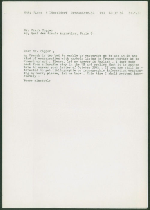 Otto Piene (Absender*in), Korrespondenz von Otto Piene an Frank Popper, 31.01.1965