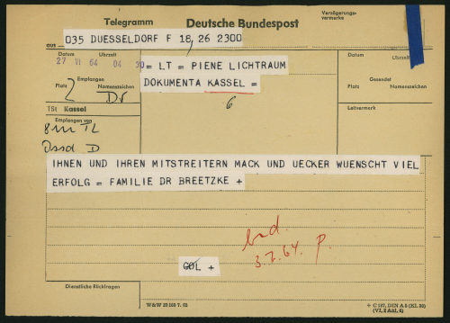 Dr. Breetzke (Absender*in), Korrespondenz von Familie Dr. Breetzke an Otto Piene, 27.06.1964