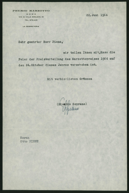 Premio Marzotto (Absender*in), Korrespondenz von Premio Marzotto an Otto Piene, 22.06.1964