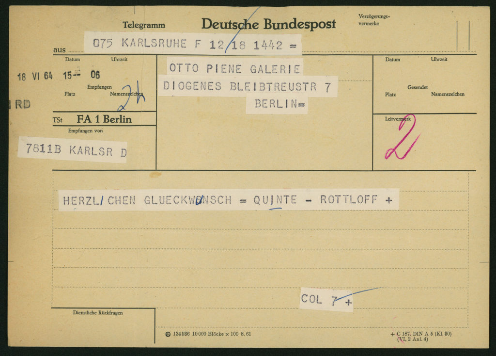 Korrespondenz von [Helgard] Rottloff und [Lothar] Quinte an Otto Piene