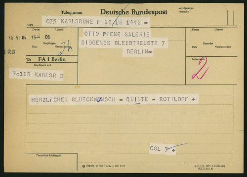 Helgard Rottloff (Absender*in), Korrespondenz von [Helgard] Rottloff und [Lothar] Quinte an Otto Piene, 18.06.1964