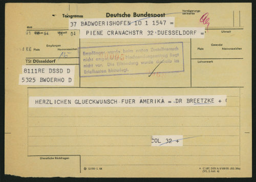 Dr. Breetzke (Absender*in), Korrespondenz von Dr. Breetzke an Otto Piene, 01.08.1964