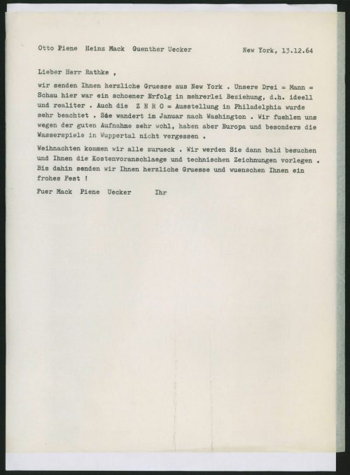 Otto Piene (Absender*in), Korrespondenz von Otto Piene, Heinz Mack und Günther Uecker an [?] Rathke, 13.12.1964