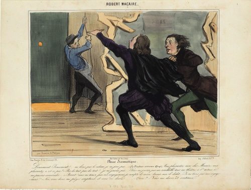 Honoré Daumier (Künstler*in), Farce dramatique. Doucement ! Doucement !... ne levez pas le rideau, je ne joue pas... - (Le Directeur accourant effrayé). Vous plaisantez, mon cher Macaire, vous plaisantez, n'est-ce pas? - Pas du tout, pas du tout ! ..je ne jouerai pas... - Vous ne jouerez pas un semblable tour au théâtre, à l'auteur, à vos pauvres camarades... - Brrrrt ! vous ne tenez pas vos engagemens je rompts le mien, donnez-moi le dédit... - Je ne tiens pas mes engagemens!! - Non, vous devez me payer comptant et vous me devez...... - Quoi? - Vous me devez 75 centimes., 1840-1841