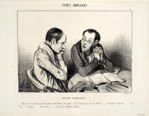 Honoré Daumier (Künstler*in), Auteurs dramatiques. Mon cher au point où vous en êtes, votre femme vous gêne; il faut absolument vous en défaire...... n'importe comment......... le fer....... le poison....... vous verrez ........ ce qui vous semblera meilleur., 1839-1843