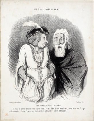 Une représentation a bénéfice. Je viens de compter la recette, mon pauvre vieux... elle s'élève à sept cents francs,... mes frais sont de sept cents soixante... et cela s'appelle une représentation à bénéfice... amère dérision! ....