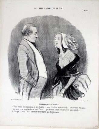 Un engagement d'artiste.
- Vous voulez un engagement à mon théâtre.... c'est très bien mademoiselle... comme vous êtes jolie, pour vous ça ne sera que douze cents francs.... que vous me paierez chaque année bien entendu!....
- J'accepte.... mais c'est à condition que je n'aurai pas d'augmentation!.....