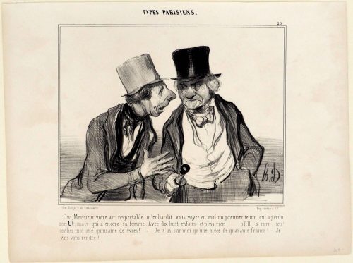 Honoré Daumier (Künstler*in), Oui, Monsieur, votre air respectable m'enhardit: vous voyez en moi un premier tenor qui a perdu son Ut, mais qui a encore sa femme. Avec dix huit enfans, et plus rien!.... pllll...s rrrr....ein!.. confiez moi une quinzaine de livres! - Je n'ai sur moi qu'une pièce de quarante francs! - Je vais vous rendre!, 1839-1843