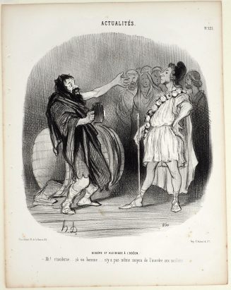 Diogène et Alcibiade à  L'Odéon.
- Ah! c'moderne... ça un homme.... n'y a pas même moyen de l'mordre aux mollets!..