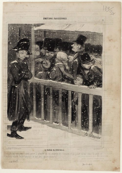 Honoré Daumier (Künstler*in), La queue au spectacle. Et les sans-coeur crient contre l'autorité qui les empéche de s'écraser, et qui passe sa vie dans la neige et dans la crotte, voilà pourtant le sort des gouvernements!....., 1840