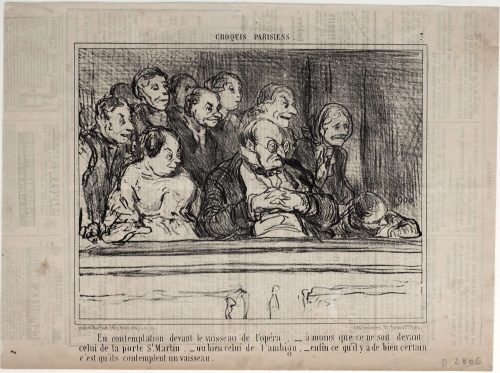 Honoré Daumier (Künstler*in), En contemplation devant le vaisseau de l'opéra. - à moins que ce ne soit devant celui de la porte St. Martin, - ou bien celui de l'ambigu, - enfin ce qu'il y a de bien certain c'est qu'ils contemplent un vaisseau., 31.07.1856