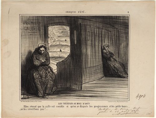 Honoré Daumier (Künstler*in), Les théâtres au mois d'août.
Elles rêvent que la salle est comble et qu'on se dispute les programmes et les petits bancs.... - ne les réveillons pas!...., 1856