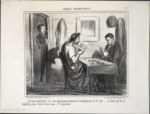 Honoré Daumier (Künstler*in), - Je viens prévenir le roi Agamemnon qu'on va commencer le 4e acte..... il faut qu'il se dépêche, sans cela il sera mis à l'amende., ca. 1856