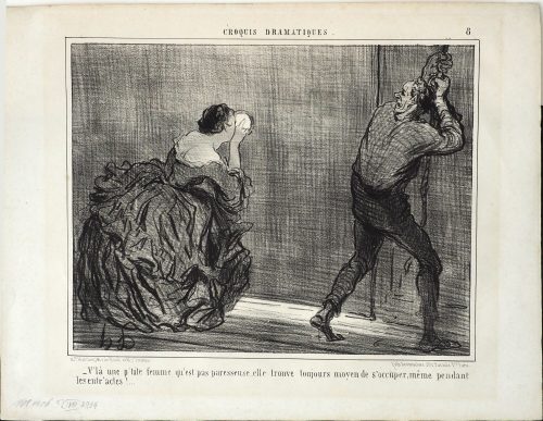 Honoré Daumier (Künstler*in), - V'là une p'tite femme qu'est pas paresseuse, elle trouve toujours moyen de s'occuper, même pendant les entr'actes!..., ca. 1857