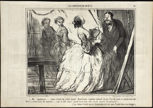 Honoré Daumier (Künstler*in), - Ah! madame, .... vous venez de nous jouer Marivaux comme jamais on ne l'avait joué, et mademoiselle Mars a bien fait de mourir...... car si elle vous avait vu ce soir, elle serait morte de jalousie!......
(La dame trouve que ce monsieur est un peu froid dans ses éloges), 28.04.1858