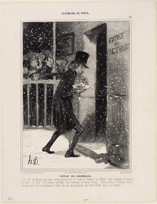 Honoré Daumier (Künstler*in), L'Acteur des Funambules. En v'là un temps qui vous rend passionné! et tout à l'heure va falloir être brûlant d'amour en turc... et dire "ô Zuléma partage mes trésors et mon trône.... viens, viens t'enivrer dans les plaisirs et l'abondance!" avec un sou de pommes de terre frites dans le ventre!, ca. 1842