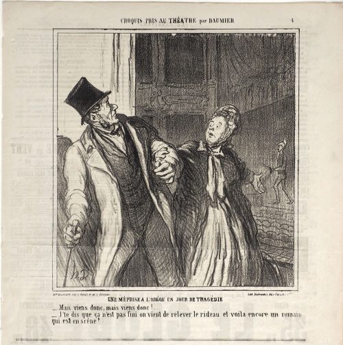 Honoré Daumier (Künstler*in), Une méprise a l'Odéon un jour de tragédie.
- Mais viens donc, mais viens donc!...
- J'te dis que ça n'est pas fini on vient de relever le rideau et voila encore un romain qui est en scène!, 04.05.1864