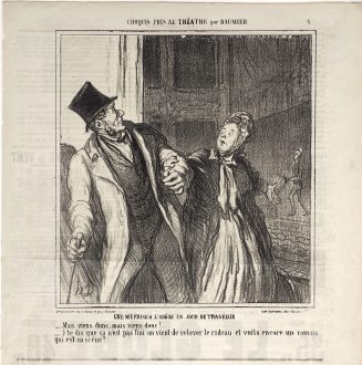 Une méprise a l'Odéon un jour de tragédie.
- Mais viens donc, mais viens donc!...
- J'te dis que ça n'est pas fini on vient de relever le rideau et voila encore un romain qui est en scène!