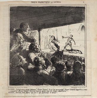 L'acteur -, Il était votre amant, Madame! (Bravo! bravo!) Et je l'ai assassiné! (Bravo! bravo!) Apprêtez-vous a mourir! (Bravo! bravo!) Et je me tuerai après sur vos deux cadavrrres!...
Un titi - Ah! ben, non, alors! Qu'est ce qui porterait le deuil?