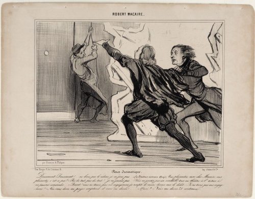 Honoré Daumier (Künstler*in), Farce dramatique. Doucement ! Doucement !... ne levez pas le rideau, je ne joue pas... - (Le Directeur accourant effrayé). Vous plaisantez, mon cher Macaire, vous plaisantez, n'est-ce pas? - Pas du tout, pas du tout ! ..je ne jouerai pas... - Vous ne jouerez pas un semblable tour au théâtre, à l'auteur, à vos pauvres camarades... - Brrrrt ! vous ne tenez pas vos engagemens je rompts le mien, donnez-moi le dédit... - Je ne tiens pas mes engagemens!! - Non, vous devez me payer comptant et vous me devez...... - Quoi? - Vous me devez 75 centimes., 1840-1841