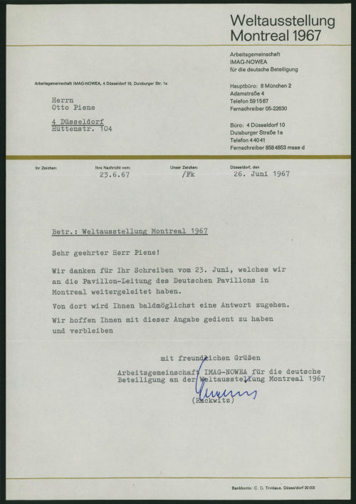 Weltausstellung Montreal 1967 / Arbeitsgemeinschaft IMAG-NOWEA für die deutsche Beteiligung / Büro Düsseldorf (Absender*in), Korrespondenz von Weltausstellung Montreal 1967 an Otto Piene, 26.06.1967