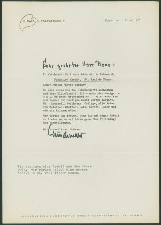 Korrespondenz von Alfred + Erika Wunderwald an Otto Piene