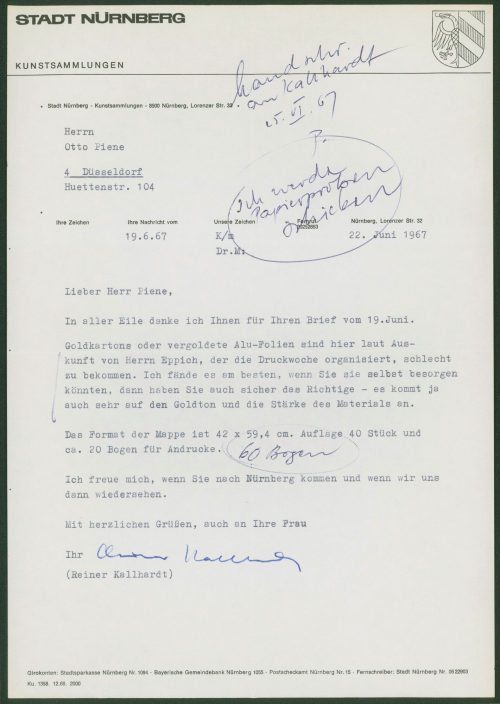 Stadt Nürnberg (Absender*in), Korrespondenz von der Stadt Nürnberg/Kunstsammlungen an Otto Piene, 22.06.1967