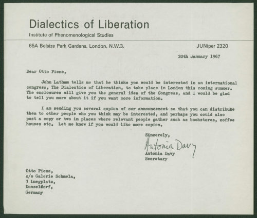 Otto Piene (Empfänger*in), Korrespondenz von Dialetics of Liberation/Institute of Phenomenological Studies an Otto Piene, 20.01.1967