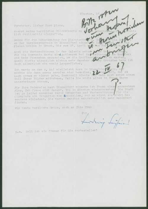 Ludwig Seyfried (Absender*in), Korrespondenz von Ludwig Seyfried an Otto Piene, 16.04.1967