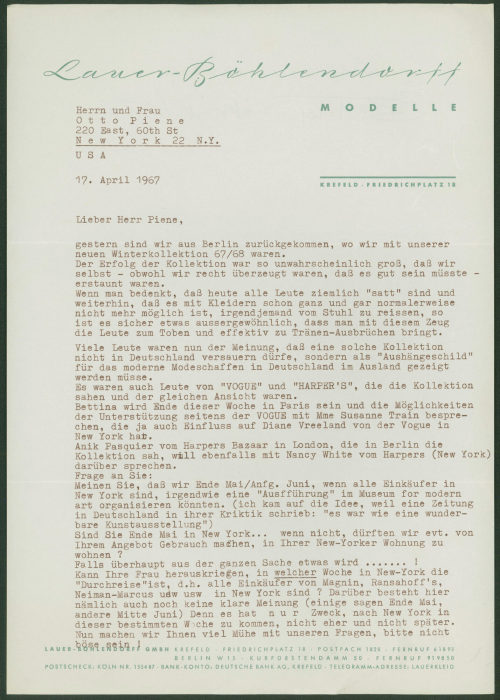 Otto Piene (Empfänger*in), Brief von Lauer-Böhlendorff Modelle an Otto Piene und Nan [Piene] Rosenthal, 17.04.1967