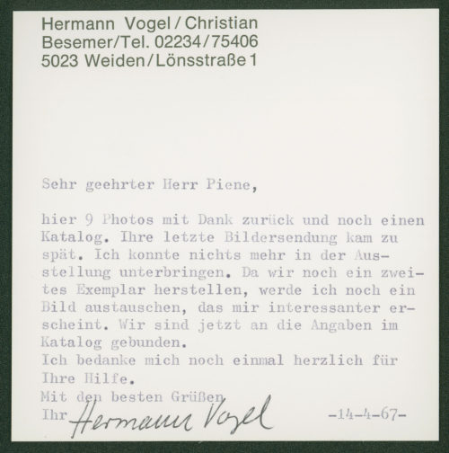 Hermann Vogel (Absender*in), Korrespondenz von Hermann Vogel und Christian Besemer an Otto Piene, 14.04.1967