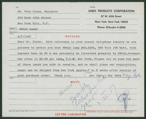 Otto Piene (Empfänger*in), Korrespondenz von Unex Products Corporation an Otto Piene, 04.07.1967
