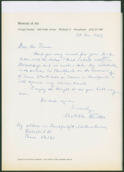 Carnegie Museum of Art, Pittsburgh (Absender*in), Korrespondenz von Museum of Art Pennsylvania an [Nan Rosenthal?] Piene, 28.05.1967